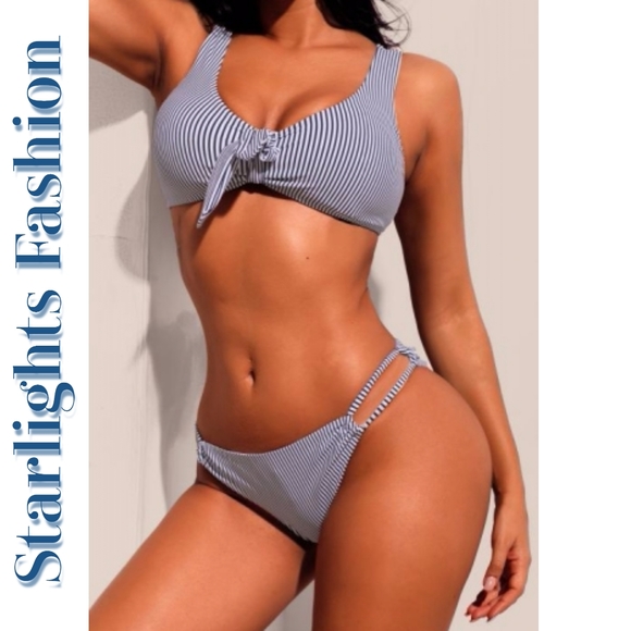 Navy White Pinstriped Bikini Swimsuit - Picture 2 of 8